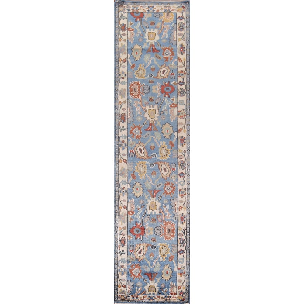 Light Blue Oushak Oriental Runner Rug Hand-Knotted Wool Carpet - 2'5"x 13'9"
