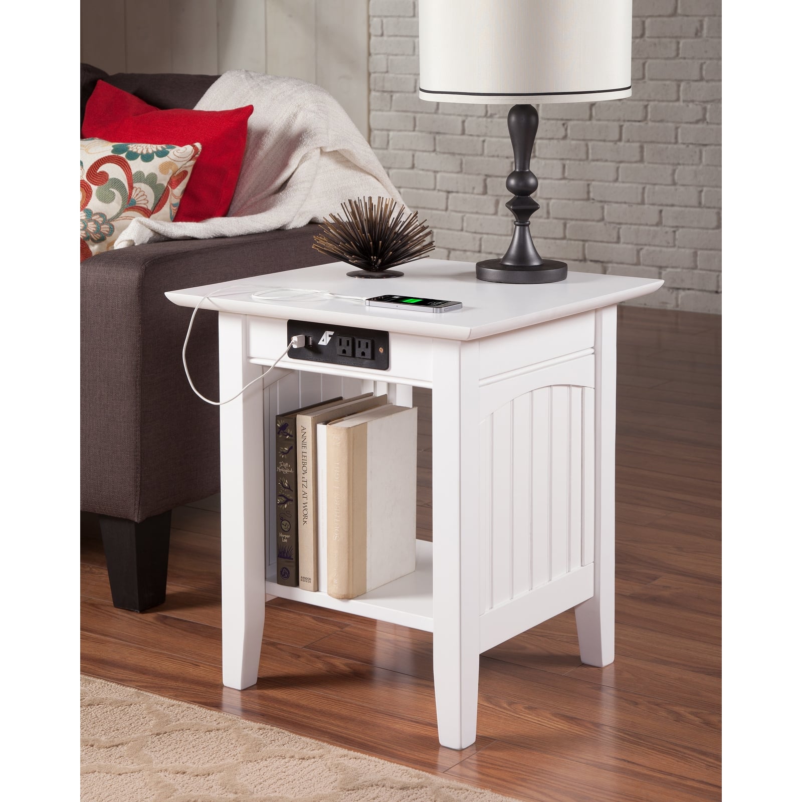 Nantucket Solid Wood End Table with BuiltIn Charging Station in White