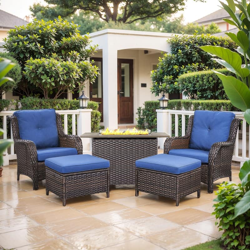 Fire Pit Table with Patio Chairs Ottomans Brown-Blue - Brown - Blue - Brown