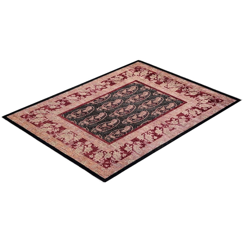 Overton Hand Knotted Wool Vintage Inspired Modern Contemporary Suzani Black Area Rug - 4' 7" x 6' 2"