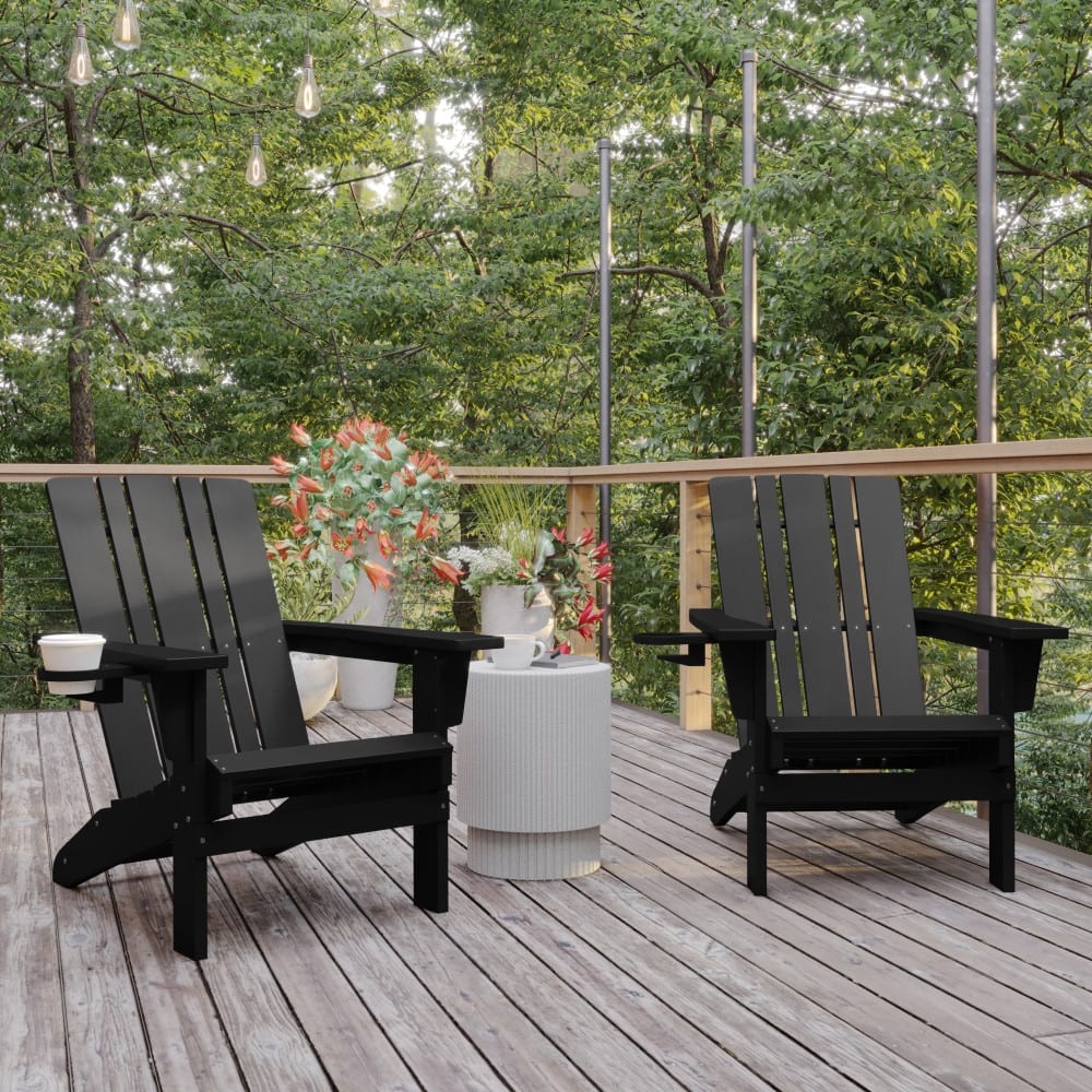 Set of 2 Commercial All-Weather Adirondack Chairs with Cupholders