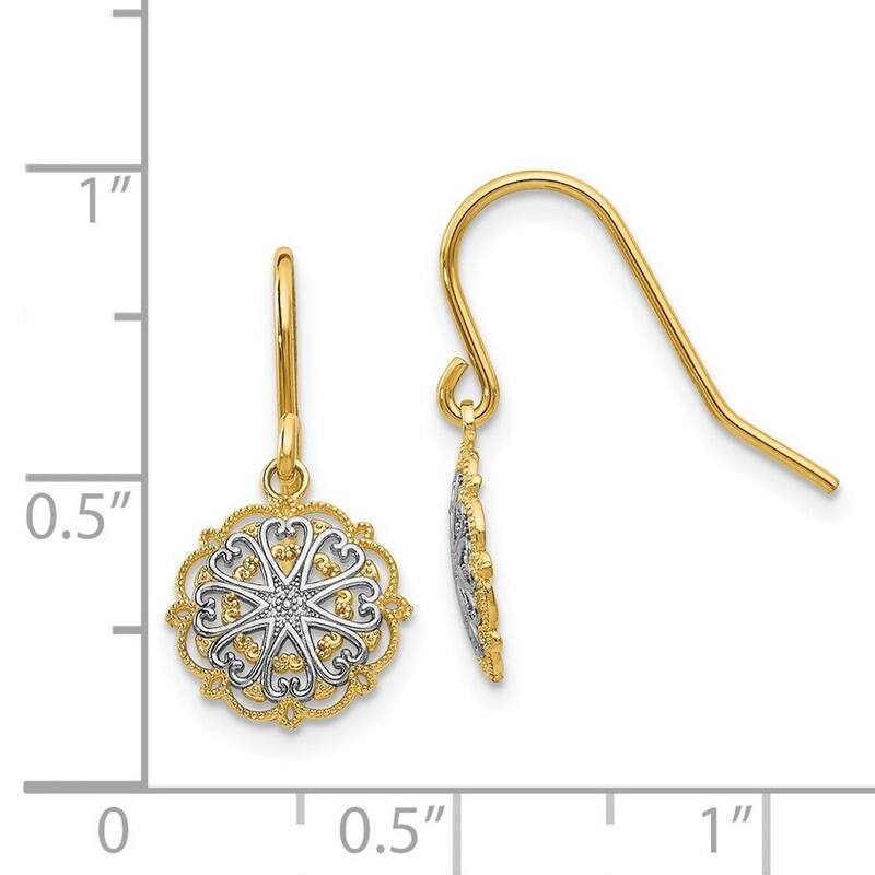 Curata 14k Yellow Goldand Rhodium 19x10mm Textured Sunburst Drop Dangle Earrings