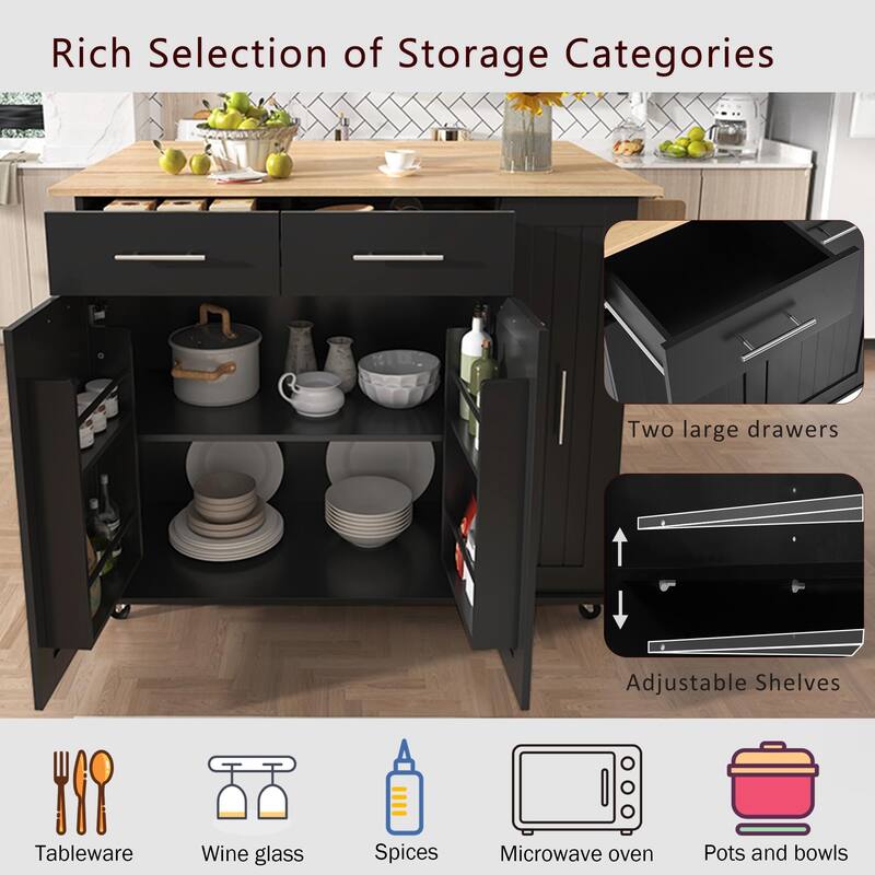 Kitchen Island with Drop Leaf, 3 Tier Pull Out Cabinet Organizer, Internal Storage Rack, Rolling Kitchen Cart on Wheels