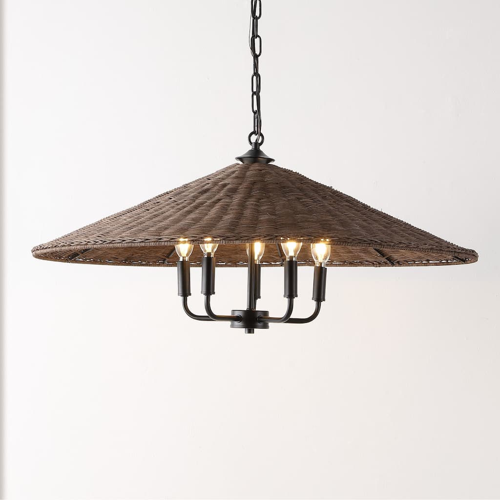 SAFAVIEH Lighting Aureliea 5-Light Wicker Pendant Chandelier (LED Bulbs Included) - 30 In. x 30 In. x 17-76 In.