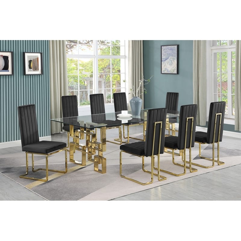 Best Quality Furniture Big Glass Dining Sets - 9pcs - Gold Chrome - Black 