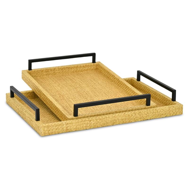 Ferelith Set of 2 Rectangular Decorative Serving Trays - Light Brown Wicker Rattan Pattern for Display, and Organization