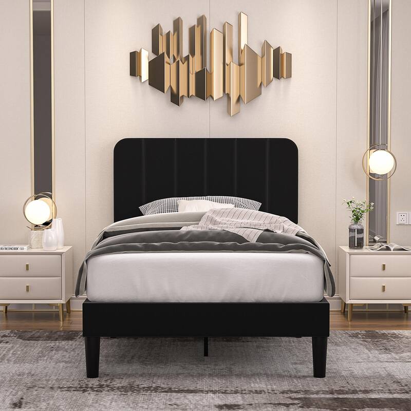 Javlergo Upholstered Bed Frames with Height-adjustable Headboard - Black - Twin