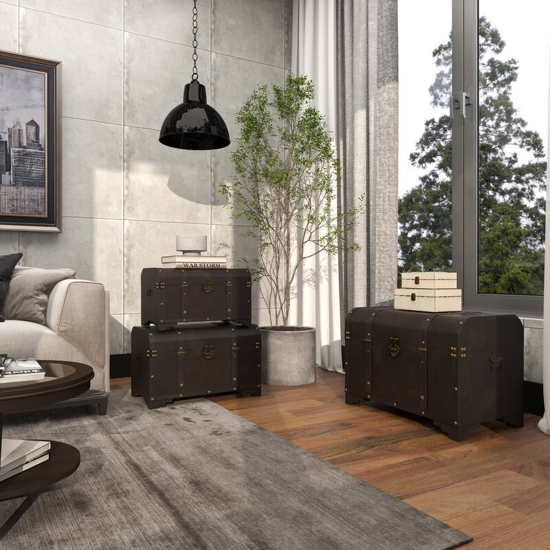 Brown Wooden Nesting Upholstered Decorative Trunk with Vintage Accents and Studs (Set of 3)