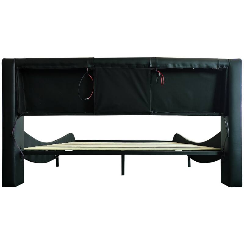 Queen Size Faux Leather Upholstered Platform Bed with led lighting