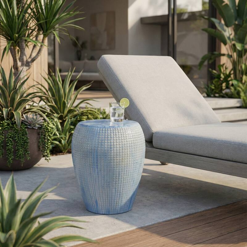 Garden Stool - Ceramic Glossy Drum Shape - Blue, 18"