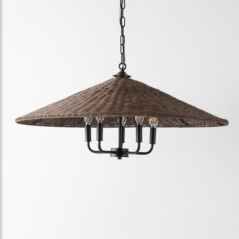 SAFAVIEH Lighting Aureliea 5-Light Wicker Pendant Chandelier (LED Bulbs Included) - 30 In. x 30 In. x 17-76 In.