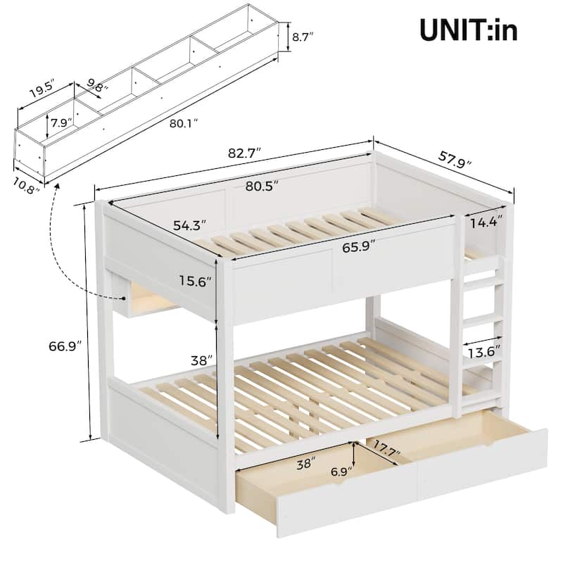 Roomfitters Full XL Over Full XL Bunk Bed with Storage Cabinets, LED Light and Drawers