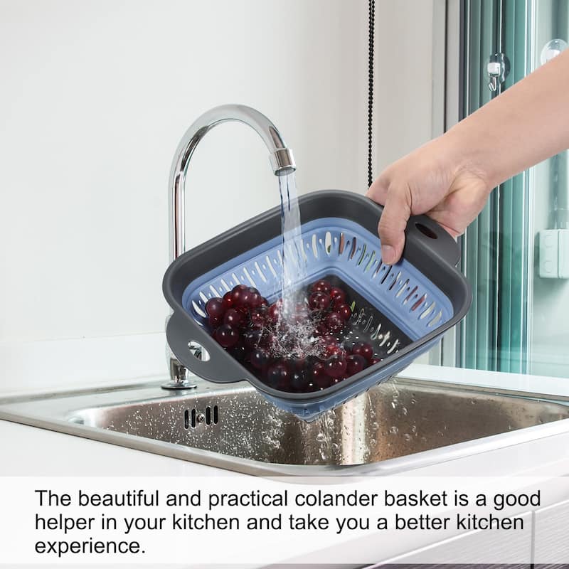 3pcs Silicone Folding Drain Basket Kitchen Vegetable Washing Basket - Grey+Green+Blue