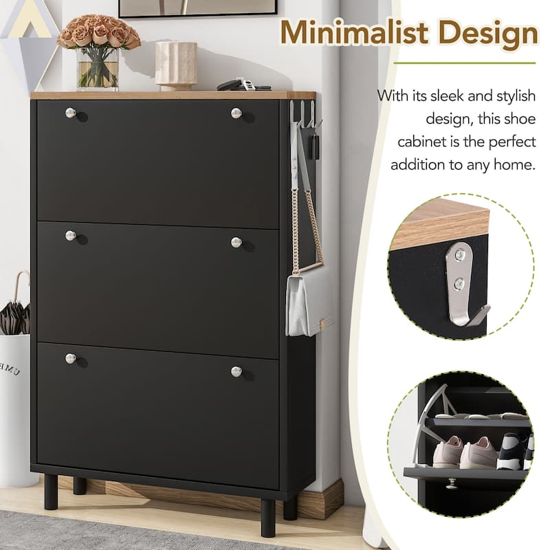 Narrow Shoe Cabinet with 3 Flip Drawers & Adjustable Shelves for Entryway Storage