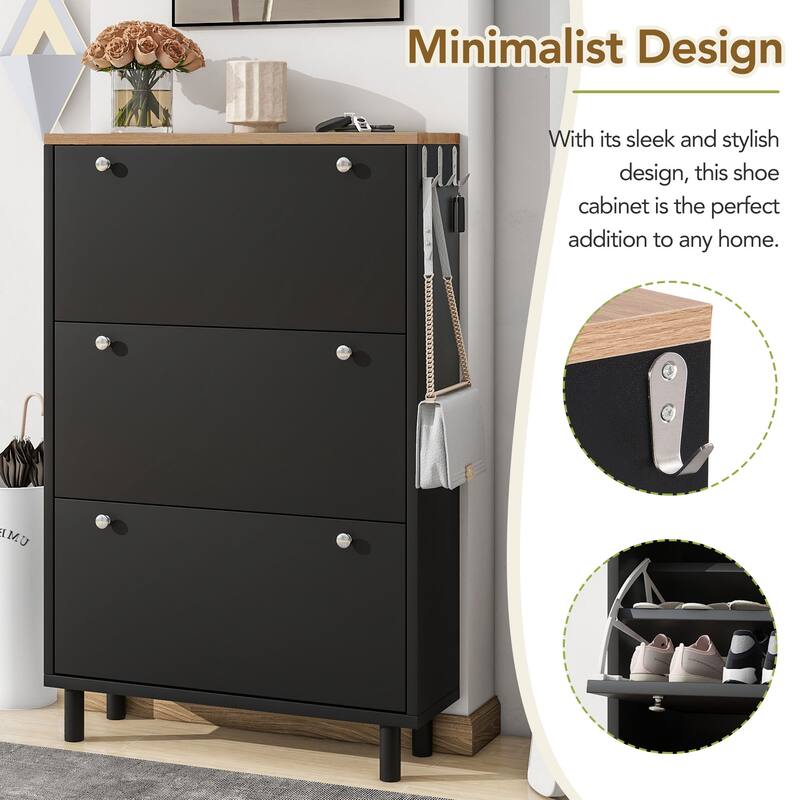 Shoe Cabinet with 3 Flip Drawers,Wood Grain Pattern with 3 Hooks,Free Standing Shoe Rack with Adjustable Panel