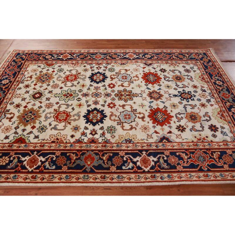 Hand Knotted Oriental 100% Wool Carpet Traditional Geometric Beige & Ivories Heriz (serapi) Area Rug - 9' 1'' X 6' 0''