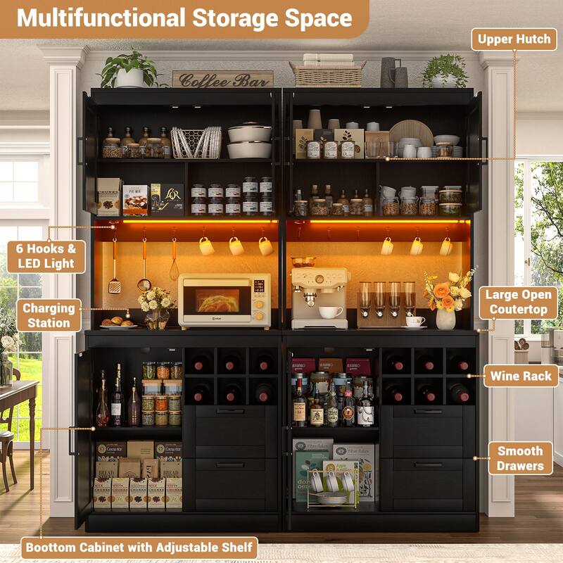 Farmhouse 72" Tall Kitchen Pantry Cabinet with Charging Station, Coffee Bar Cabinet with Hutch and LED Light