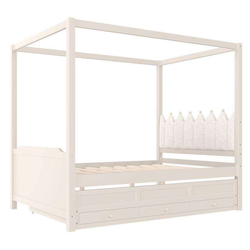 Princess Canopy Bed Upholstered Platform Bed withTrundle, Crown Headboard and 3 Underbed Storage Drawers for Kids