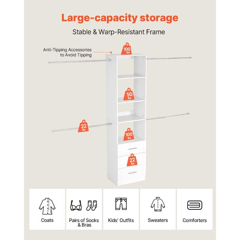 Large White Closet Organizer with 11 Compartments Adjustable Rods and Pull-Out Drawers - 65.8” - 100.8” x 15” x 81”