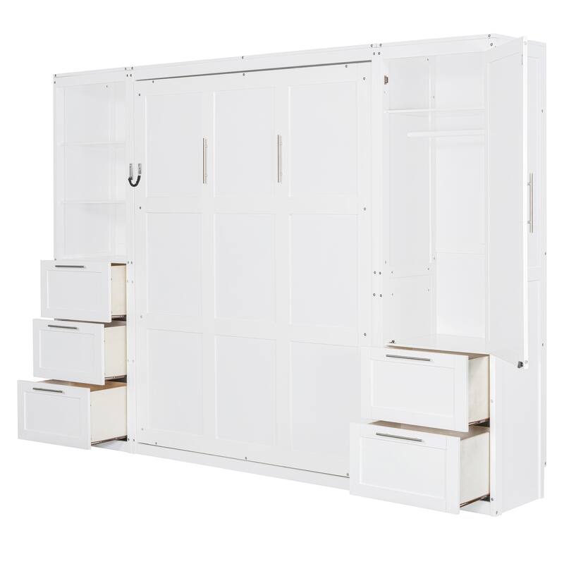 Queen Size Wall Bed with Closet, Drawers, and Shelves in White