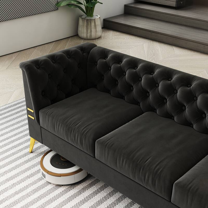 82'' Velvet 3 Seater Chesterfield Sofa Couch with Gold Metal Legs, High Rebound Sponge and Removable Cushions