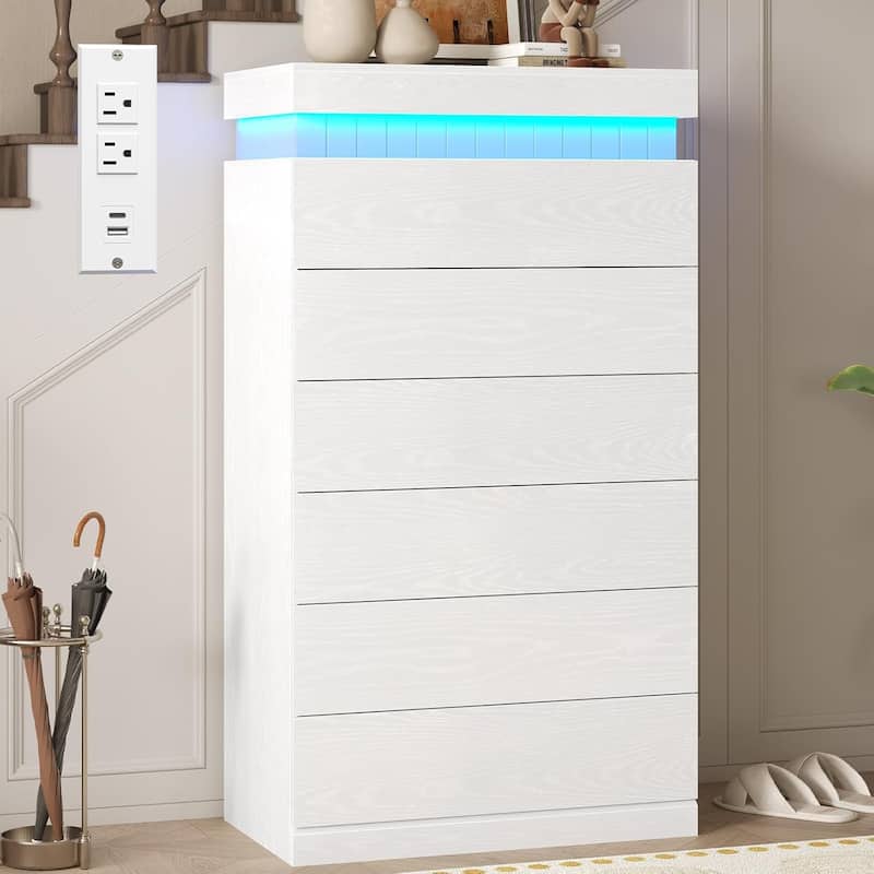 Bedroom Dresser Drawers with LED Light Power Outlet Chest of Drawer - White - 6-drawer