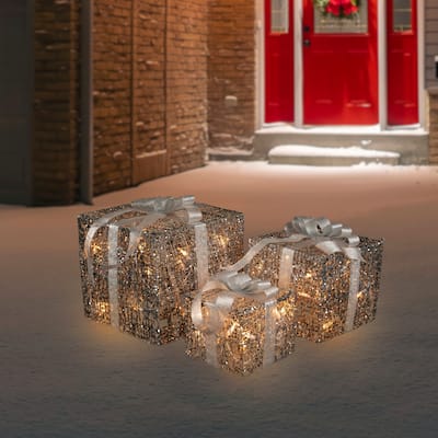 3 LED Silver Glitter Threaded Gift Boxes Outdoor Christmas Decoration