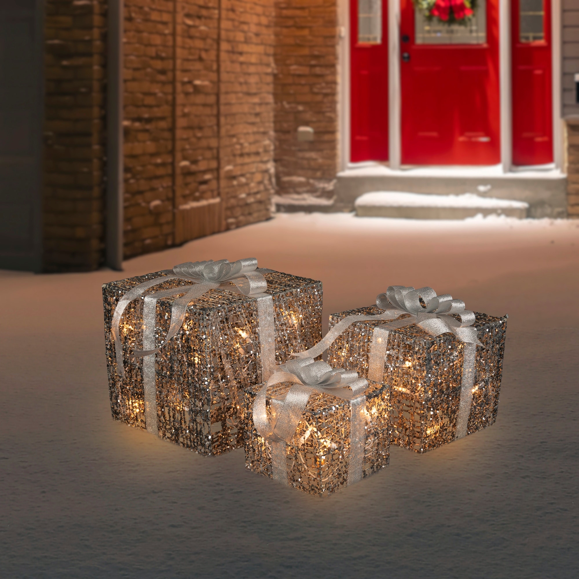 Set of 3 LED Lighted Silver Glitter Threaded Gift Boxes Outdoor Christmas Decoration - 10"
