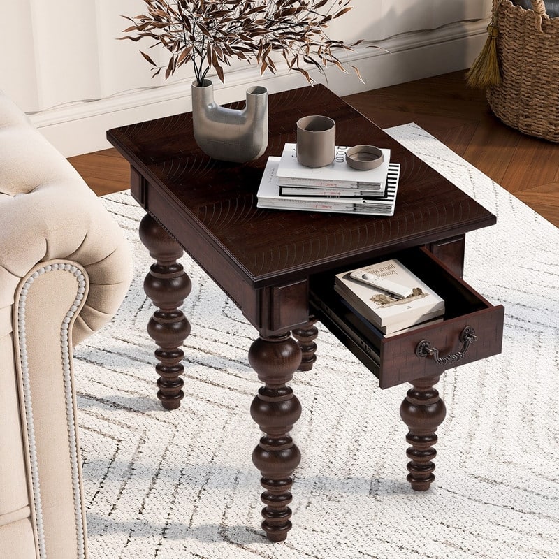 Retro 24" Solid Wood End Table with Drawer Easy Assembly Vintage Narrow Sofa Side Table for Living Room