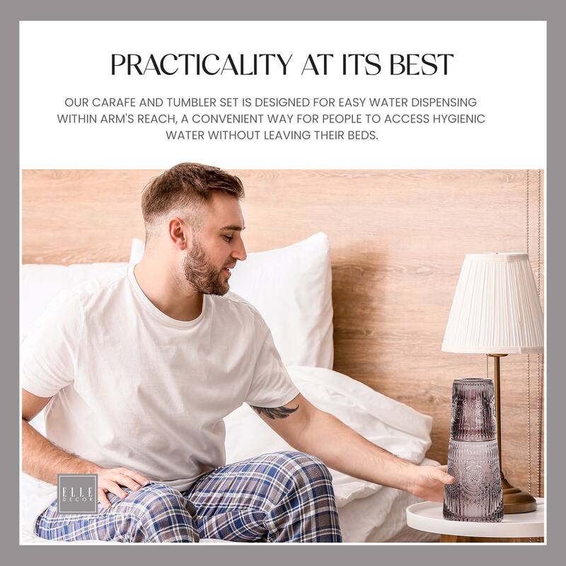 Elle Decor Bedside Water Carafe with Tumbler Set Pitcher - 33 oz