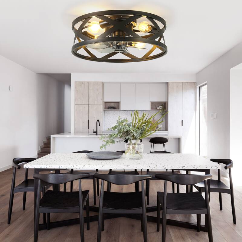 Bella Depot 20" Black Cage Flsuh Mount Ceiling Fan with Light and Remote