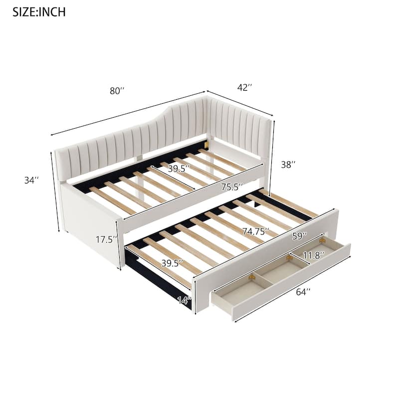 Twin Size Daybed Bed Frame with Linen Upholstered Backrest and Three Drawers, Pull-out Trundle Bed w/Slatted Support