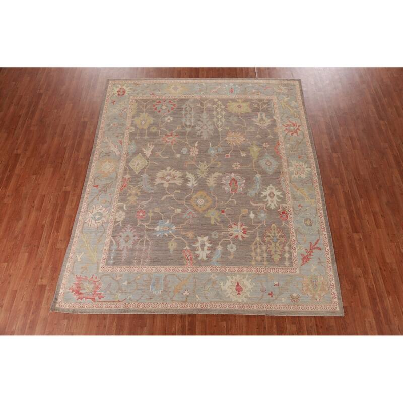 Hand Knotted Oriental 100% Wool Carpet Transitional All-Over Brown Oushak Area Rug - 9' 11'' X 8' 3''