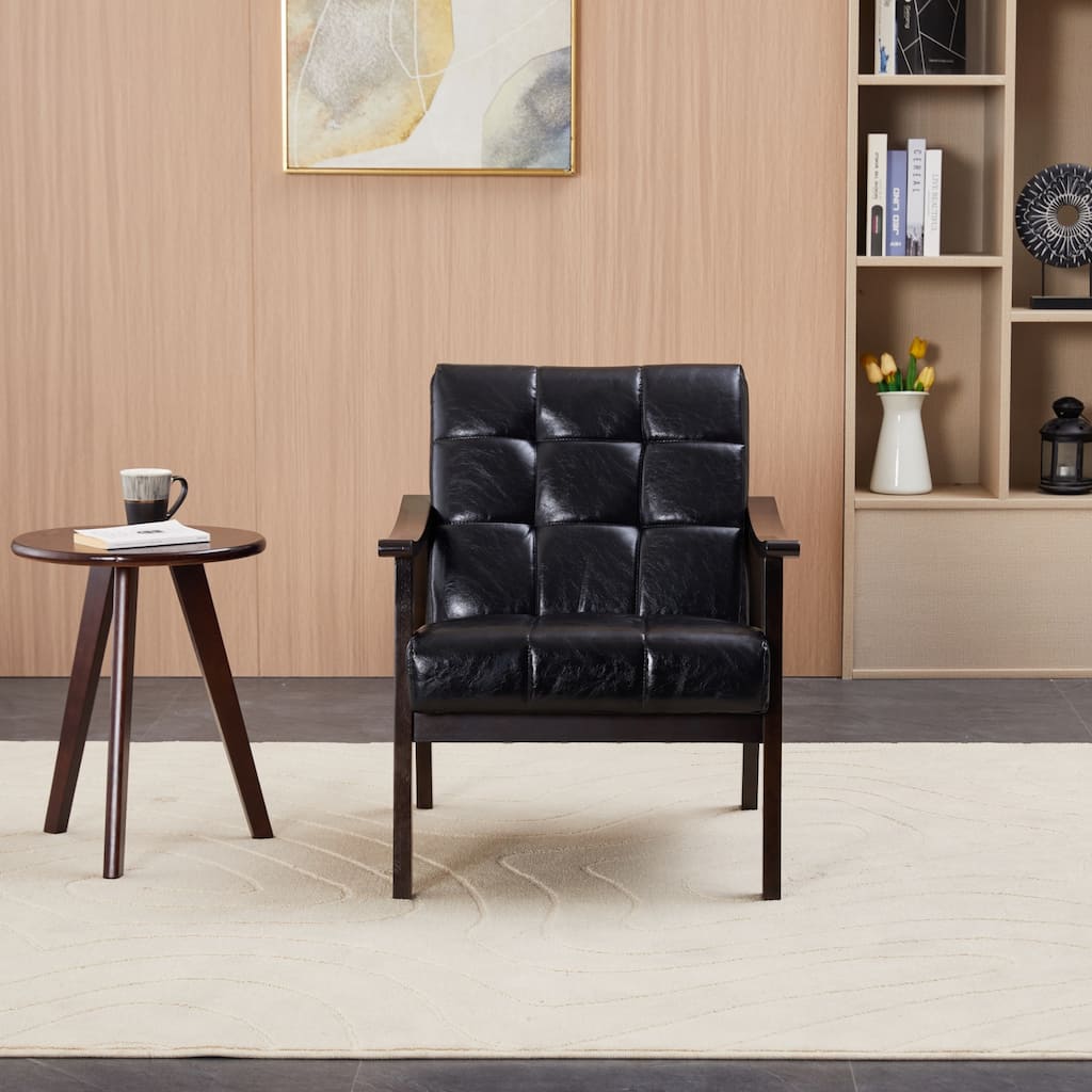 PU Leather Accent Chair, Armchair with Solid Wood Legs and High Back
