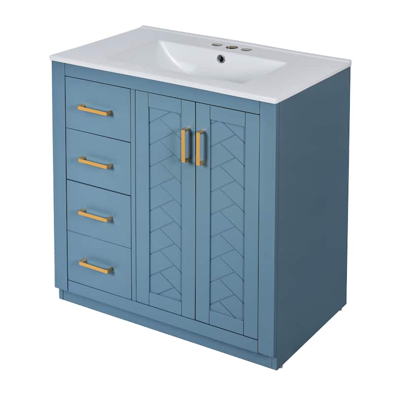Freestanding Vanity Set, Wooden Bathroom Storage Cabinet, Bathroom Vanity with Ceramic Sink, 3 Drawers & Soft Closing Doors
