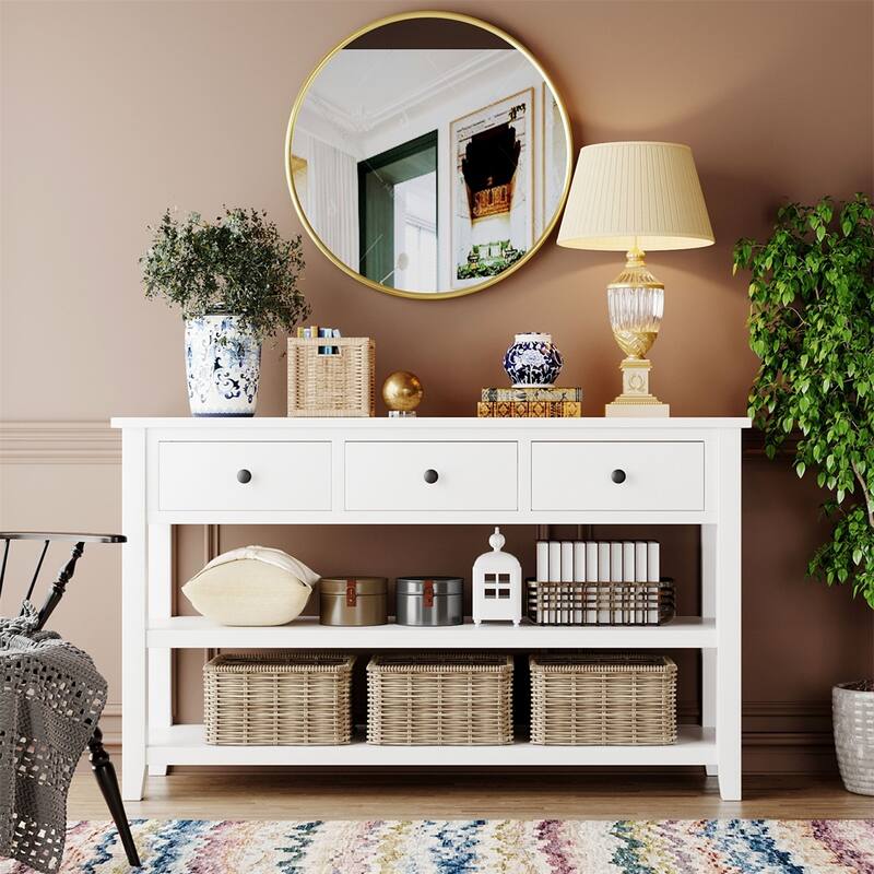 Merax Retro Design Console Table with3 Top Drawers - Antique White