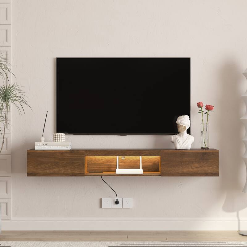 Floating LED TV Stand with Power Outlets, Wall Mounted Media Cabinet for 55 60 65 Inch TV - Brown