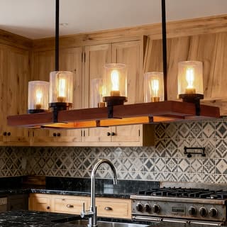 6-Light Rustic Rectangle Chandelier Wood Pendant Lights Farmhouse Chandeliers for Dining Room