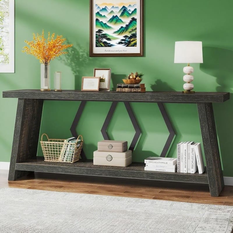 Double Decker Sofa Table with Wood Top and Metal Frame 2 Tier Console Entryway Hallway Display Table - 70.86" x 11.81" x 31.50"