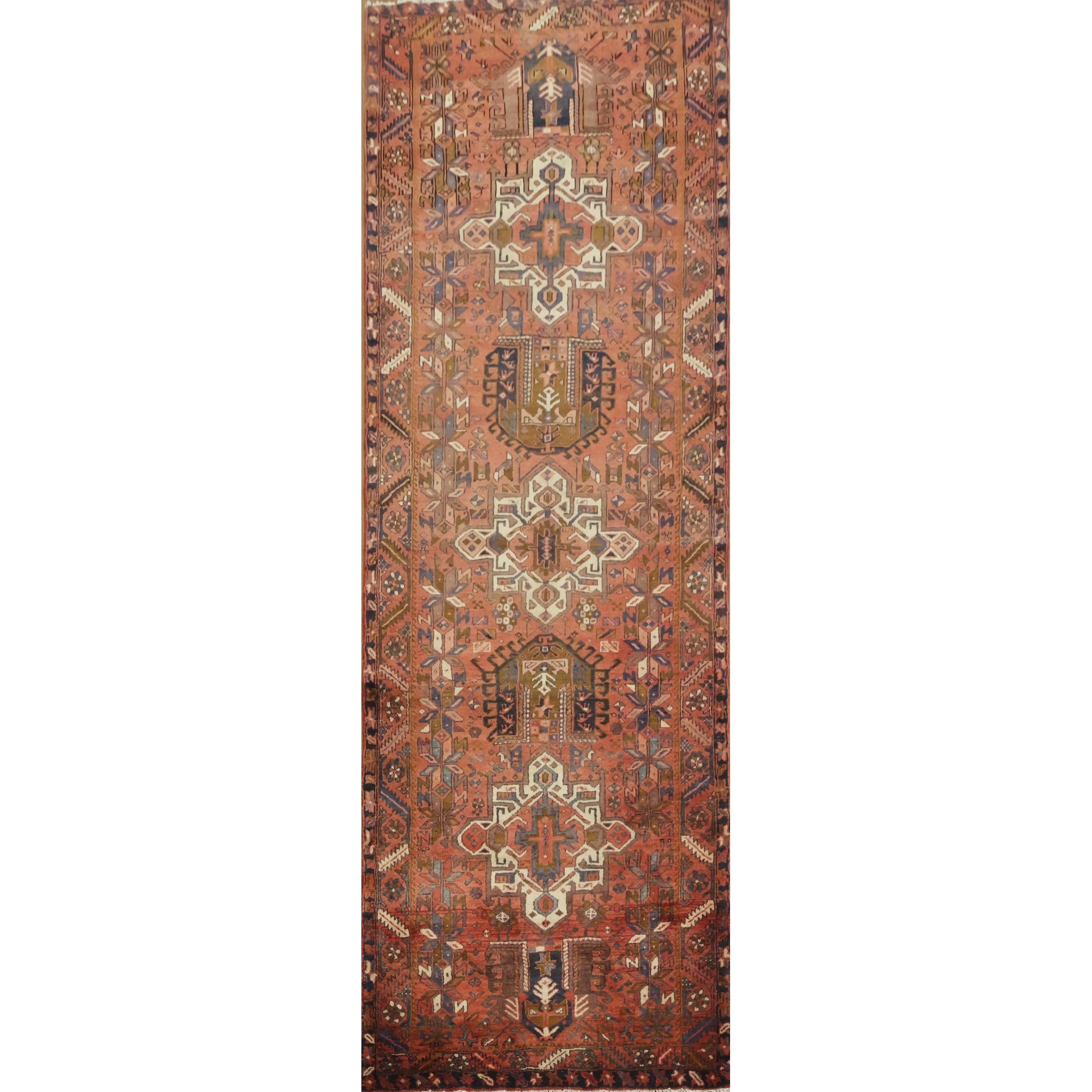 Hand Knotted Oriental 100% Wool Carpet Traditional Tribal Red Heriz Runner Rug - 10' 7'' X 3' 7''