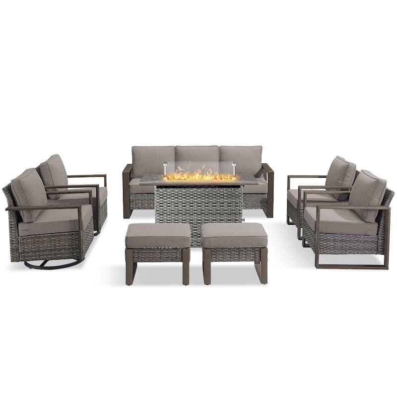 Pocassy 8 Pieces Outdoor Sofa Chair Ottoman with Fire Pit Table Set