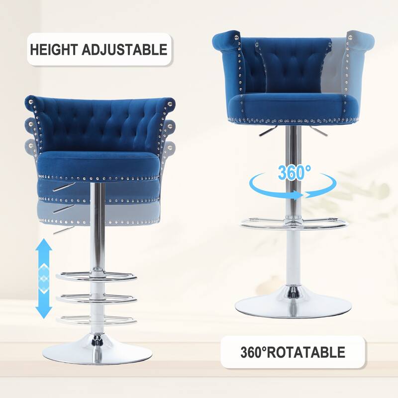 Velvet Upholstered Bar Stool Set of 2, Adjusatble Height Swivel Bar Stools, Dining Chairs with Curved Backrest & Footrest