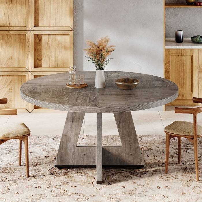 Farmhouse Retro Oak Round 47 Inch Wooden Kitchen Dining Table for 4 People - 47.25"D x 47.25"W x 29.5"H