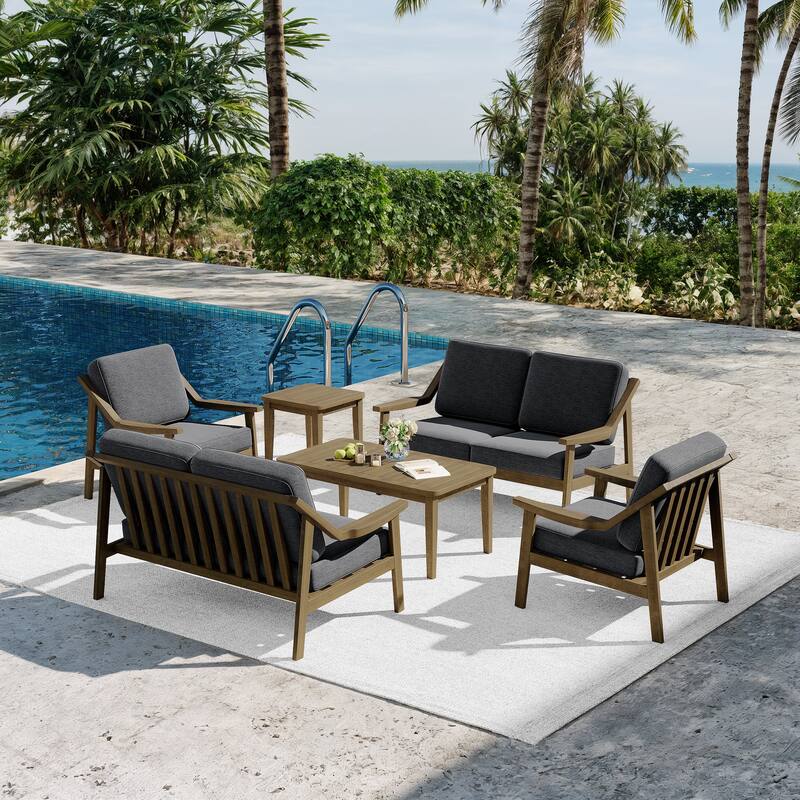 6-piece Adirondack Teak Patio Armchairs Loveseat Seating Conversation Set