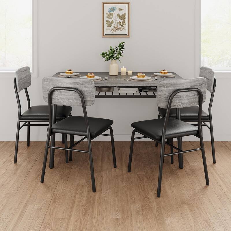 Dining Table Set for 4 with Storage Rack, 5-Piece Kitchen Table and Upholstered Chairs of 4, Tabletop & Heavy-Duty