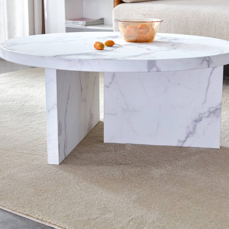 A white MDF material circular patterned coffee table, a 31.4-inch white center table, modern coffee table, suitable for