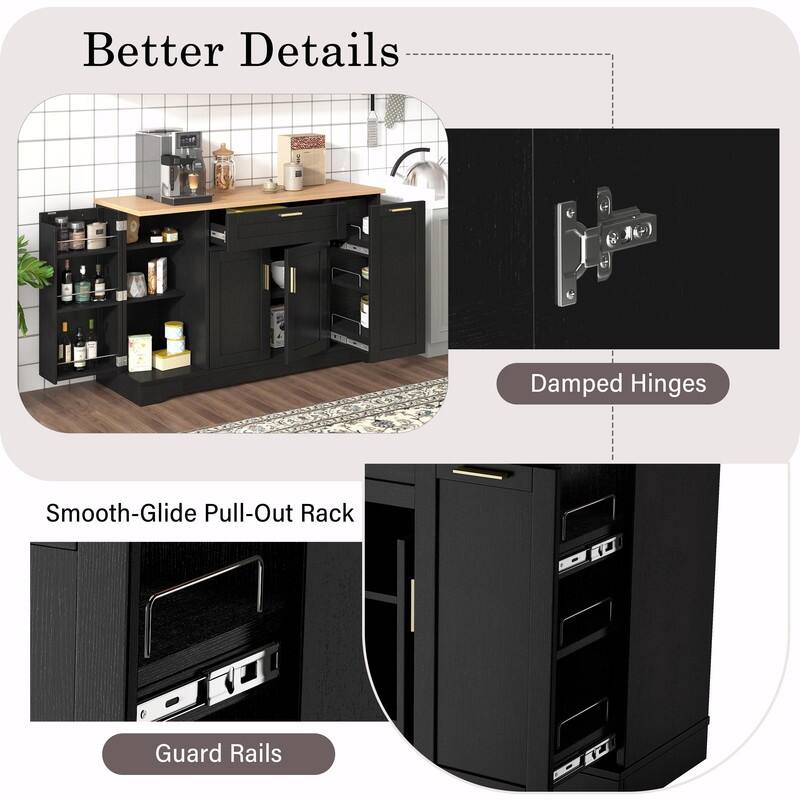 Multi-Functional Storage Sideboard & Extendable Dining Table with Adjustable Shelves, 3-Tier Pull-Out Rack