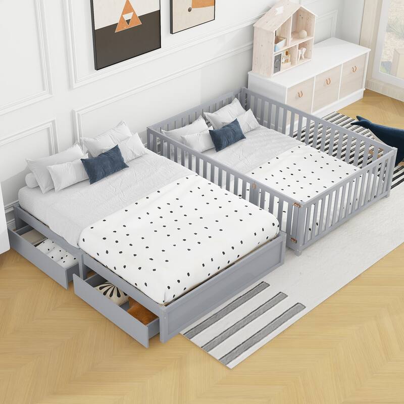 Pine Wood Daybed Floor Bed Frame with Fence Guardrails and 2 Drawers, Converts into Two Individual Beds, No Box Spring Needed
