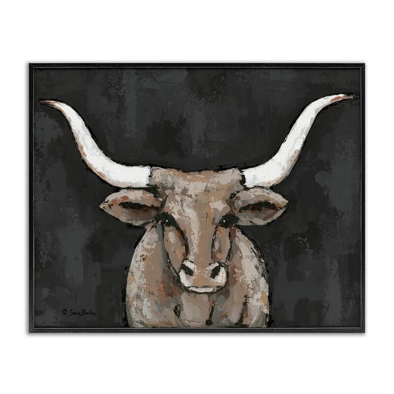 Stupell Longhorn on Murky Grey Framed Giclee Art Design By Sara Baker - 30 x 24 - Black