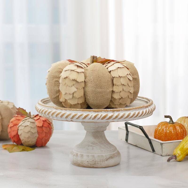 Autumn Harvest Burlap and Wood Pumpkin Decoration - 9" - Tan